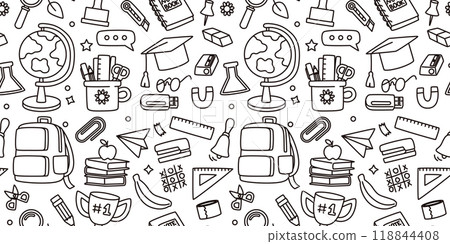 Back to school. Children education background. Stationery icons pattern seamless. Studying supply elements. Teachers book. Repeated print. Students backpack. Pencil bag. Vector doodle draw texture Back to school. Children education background. Stationery icons pattern seamless. Studying supply elements. Teachers book. Repeated print. Students backpack. Pencil bag. Vector doodle draw texture 118844408