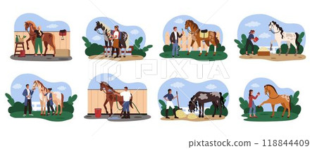 Horse care. Domestic animals farm. People riding equestrian. Horseback sport. Stableman feeding and washing stallions. Pony pet training. Equine grooming and treatment. Equestrianism vector tidy set Horse care. Domestic animals farm. People riding equestrian. Horseback sport. Stableman feeding and washing stallions. Pony pet training. Equine grooming and treatment. Equestrianism vector tidy set 118844409