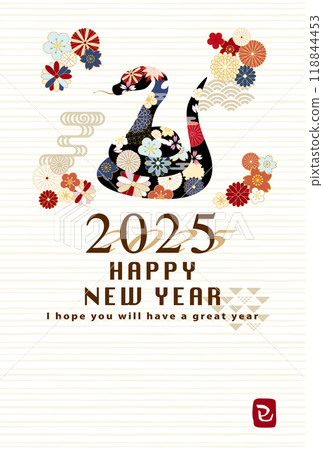 2025 Year of the Snake - Japanese-style floral snake New Year's card template 2025 Year of the Snake - Japanese-style floral snake New Year's card template 118844453