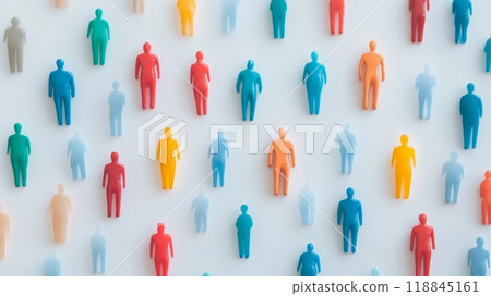 Colorful plastic figures of people arranged in a grid on a white surface. Highlighting diversity, equity, inclusion, and individuality. Colorful plastic figures of people arranged in a grid on a white surface. Highlighting diversity, equity, inclusion, and individuality. 118845161