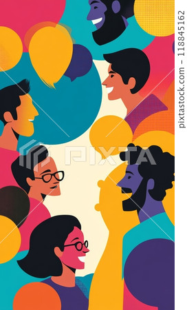 Vertical illustration of people in conversation with speech bubbles. Represents communication, diversity, and inclusion. 118845162