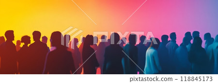 Crowd of diverse individuals standing together against a colorful gradient background. Concept of diversity and inclusion. 118845173