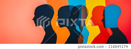 Colorful outlines of human profiles in a row, showcasing diversity and cultural unity. 118845174
