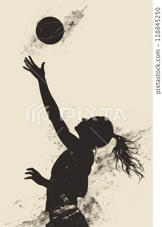 A Silhouette of Determination: Female Handball Player Leaps to Throw the Ball 118845250