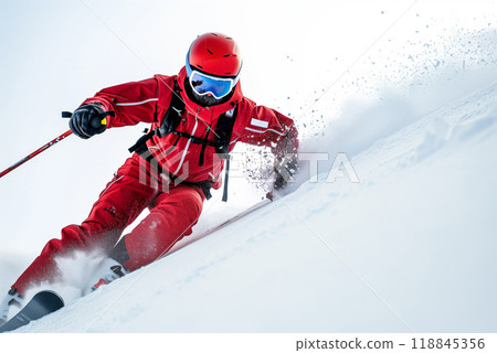 A Red Blur of Speed: A Skier Carves Through Powder on a Sunny Winter Day A Red Blur of Speed: A Skier Carves Through Powder on a Sunny Winter Day 118845356