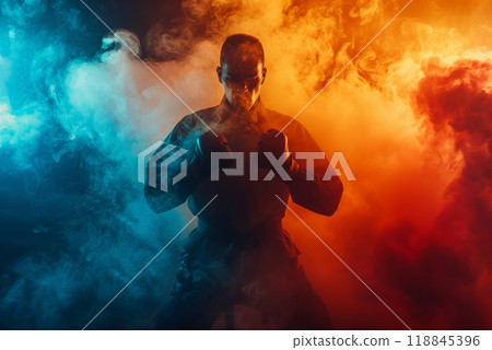 A Fighter's Silhouette Amidst a Smokescreen of Red and Blue 118845396