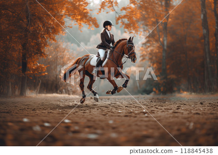 A Rider and Their Stallion Gallop Through an Autumn Forest A Rider and Their Stallion Gallop Through an Autumn Forest 118845438