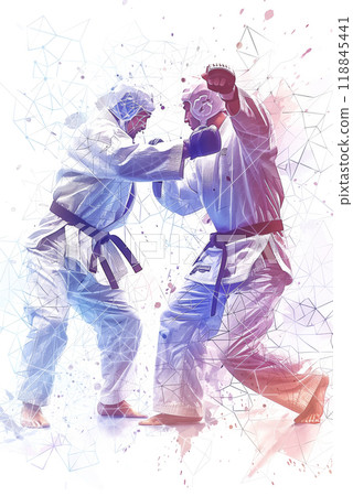 Judo Competitors in a Dynamic Pose Against a Geometric Background 118845441