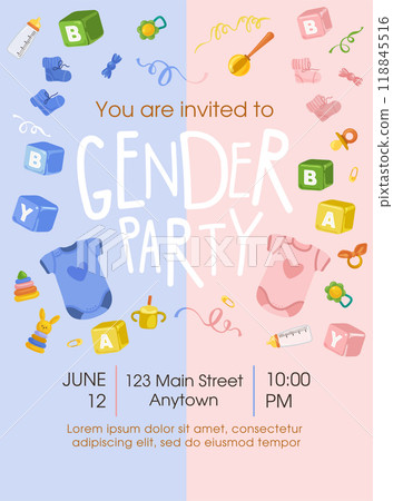 An invitation template for a gender party. Vertical banner with cubes, a pacifier, a drinking cup, a pyramid, a rattle, socks. Vector illustration An invitation template for a gender party. Vertical banner with cubes, a pacifier, a drinking cup, a pyramid, a rattle, socks. Vector illustration 118845516