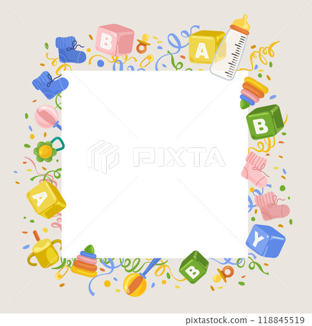 An invitation template for a gender party with cubes, a pacifier, a drinking cup, a pyramid, a rattle, socks. Vector illustration 118845519