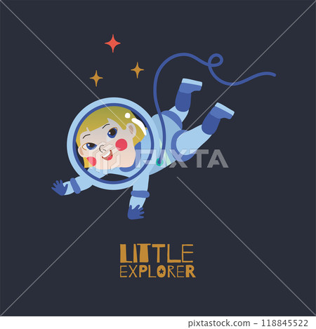 An illustration of an astronaut girl flying in outer space in a spacesuit 118845522
