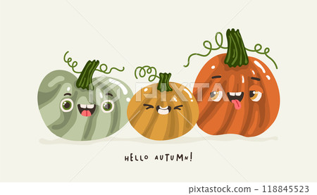 A postcard with cheerful pumpkins with the inscription hello autumn 118845523