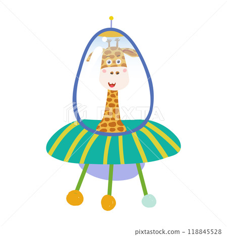 A giraffe is flying on a flying saucer on a white background. Vector illustration A giraffe is flying on a flying saucer on a white background. Vector illustration 118845528