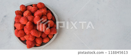 Banner. Red berries of wild strawberries on a gray concrete background. Summer concept in minimalism. Banner. Red berries of wild strawberries on a gray concrete background. Summer concept in minimalism. 118845613