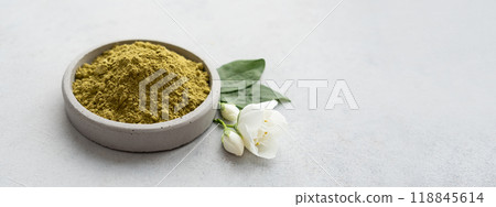 Banner. Raw henna powder for natural hair and eyebrow coloring dyeing 118845614
