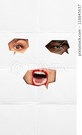 Collage. Speech bubbles with various face parts, female mouth shouting, eyes looking, isolated on white background. Collage. Speech bubbles with various face parts, female mouth shouting, eyes looking, isolated on white background. 118845637