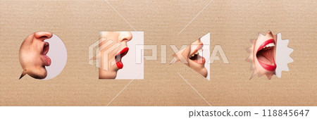 Collage. Four mouths inside speech bubbles, each expressing different emotion. Sticking out tongue, screaming, smiling, and shouting. 118845647