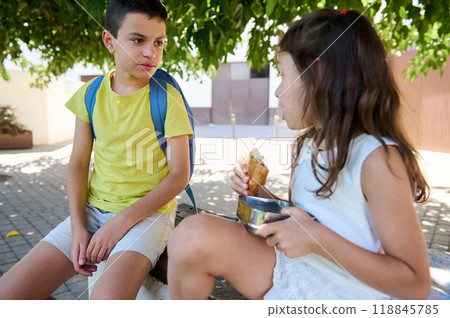 Children enjoying lunch together outdoors during a sunny day 118845785