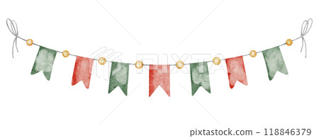 Watercolor illustration of Banner with red and green Pennant Flags and for Party decorations or holiday greeting cards. Drawing of New Year garland or string for invitations. Seasonal decor. 118846379