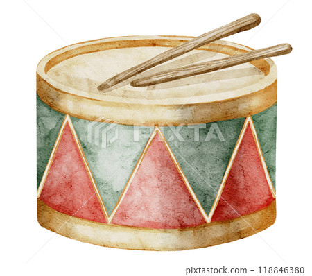 Watercolor illustration of a classic Drum with Drumsticks on isolated background for Music themed designs. Drawing of retro Baby Toy. Vintage musical instrument for greeting cards or invitations. 118846380