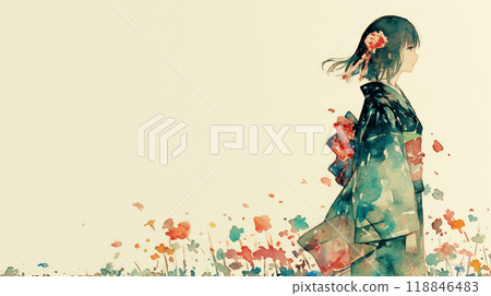 Kimono woman with flowers and copy space 118846483