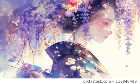 Wisteria flowers and a woman in a kimono 118846489
