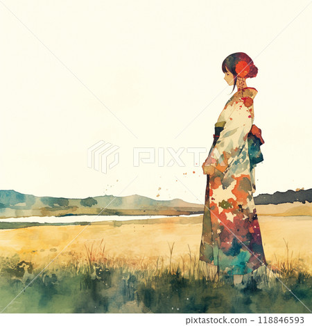 日本鄉村風景與穿和服的女人 日本鄉村風景與穿和服的女人 118846593