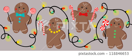 Gingerbread man with garland Christmas border. Gingerbread man with garland Christmas border. 118846653