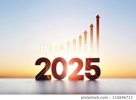 Rising arrow graph and rising sun 2025 new year sunrise, stock finance economy industry growth investment goal concept Rising arrow graph and rising sun 2025 new year sunrise, stock finance economy industry growth investment goal concept 118846713
