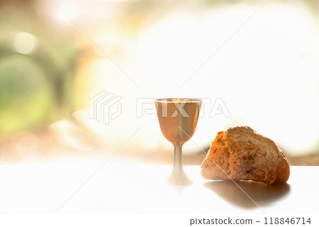 The Holy Communion bread and wine symbolizing the holy blood and body of Jesus Christ, the Last Supper background 118846714