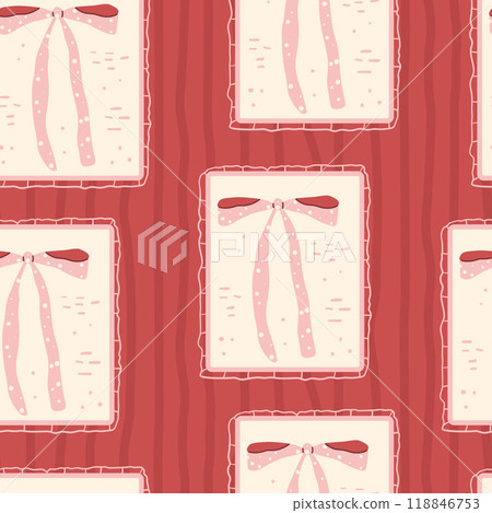 Bow in frames seamless pattern. Retro stickers endless background. Festive ribbon surface pattern design motif. Vector hand drawn illustration. 118846753