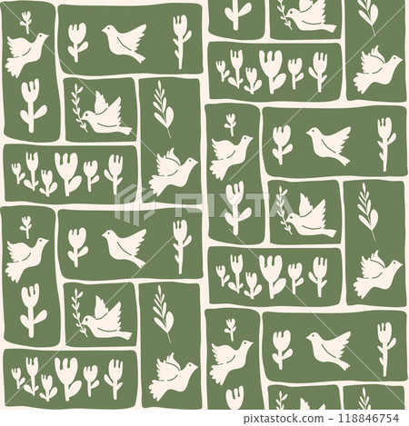 Birds patchwork seamless pattern with various floral elements arranged in rectangular segments. Pigeons with flowers. Perfect for home decor or textile patterns. Vector hand drawn flat illustration. 118846754