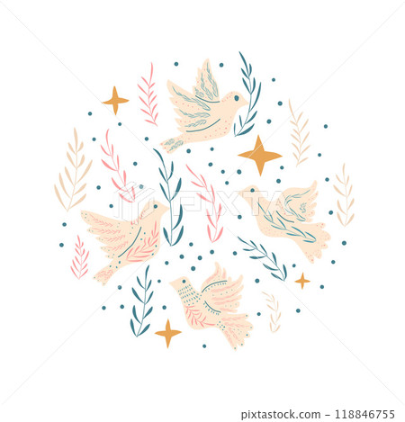 Doves of peace vector round set. Flying pigeon holding an olive branch and stars circular emblem. Vector hand drawn birds collection illustration isolated on white background. 118846755