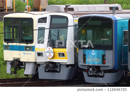 Odakyu 8000 series train (Seibu Railway Sustainer train, No. 1 acquired train) parked at Kotesashi Depot 118846785