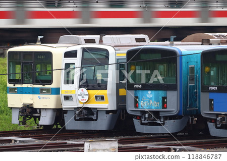 Odakyu 8000 series train (Seibu Railway Sustainer train, No. 1 acquired train) parked at Kotesashi Depot 118846787