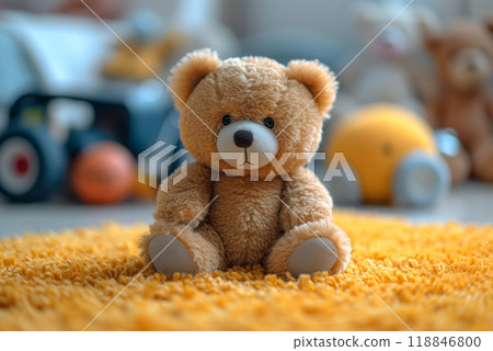 Cute teddy bear sitting children room with toys. Stuffed animal toy teddy bear. Cute teddy bear sitting children room with toys. Stuffed animal toy teddy bear. 118846800
