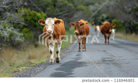 Small herd of cows walking on the road. 118846801