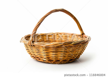 Empty wicker basket, isolated on white background. Picnic Basket 118846804