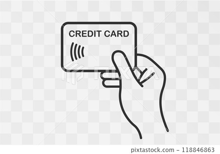 Contactless payment icons, credit card and hand tap pay wave.  Wireless NFC and contactless pay pass icons set. Vector illustration image. Isolated on background. 118846863