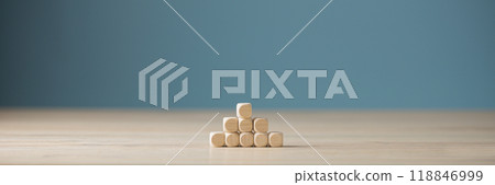 Wide view image of blank wooden dices stacked in pyramid shape Wide view image of blank wooden dices stacked in pyramid shape 118846999