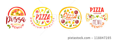 Pizza House Menu Logo Design for Pizzeria and Restaurant Vector Set Pizza House Menu Logo Design for Pizzeria and Restaurant Vector Set 118847285