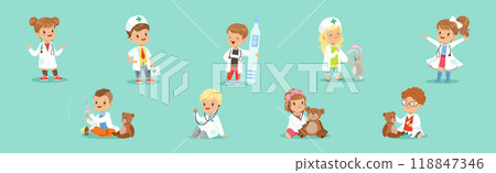 Adorable Kids Playing Doctor in Hospital Costume Vector Set Adorable Kids Playing Doctor in Hospital Costume Vector Set 118847346