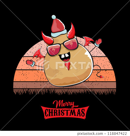 vector funny cartoon cute demon potato with santa claus red hat, fangs, trident and red wings isolated on sun background. Childrens Merry Christmas greeting card with funny monster elf Santa Claus. 118847422
