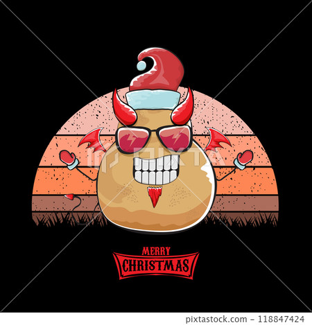 vector funny cartoon cute demon potato with santa claus red hat, fangs, trident and red wings isolated on sun background. Childrens Merry Christmas greeting card with funny monster elf Santa Claus. 118847424