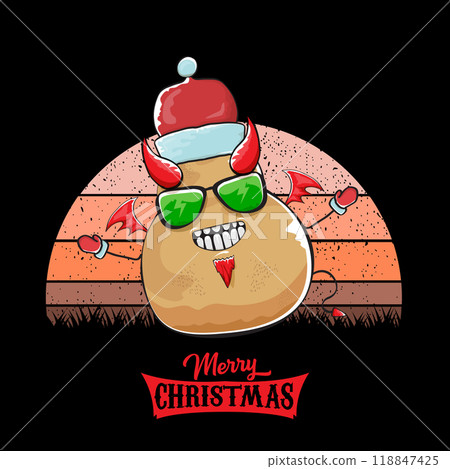 vector funny cartoon cute demon potato with santa claus red hat, fangs, trident and red wings isolated on sun background. Childrens Merry Christmas greeting card with funny monster elf Santa Claus. vector funny cartoon cute demon potato with santa claus red hat, fangs, trident and red wings isolated on sun background. Childrens Merry Christmas greeting card with funny monster elf Santa Claus. 118847425