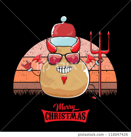 vector funny cartoon cute demon potato with santa claus red hat, fangs, trident and red wings isolated on sun background. Childrens Merry Christmas greeting card with funny monster elf Santa Claus. 118847426