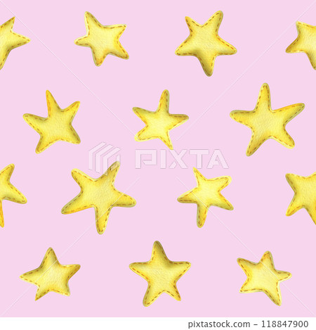 Yellow stars sewn from fabric with thread stitches. Watercolor illustration, hand drawn. Seamless pattern on a pink background. 118847900