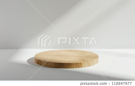 Wooden stage for mockup business product. Modern cosmetic stand. Minimal showcase. Empty wood podium. Mock up circle pedestal. Presentation scene template for show 118847977