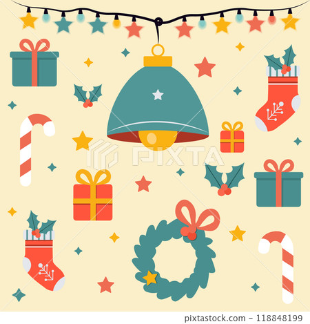 Christmas paraphernalia on a yellow background. Gifts and Christmas candies 118848199