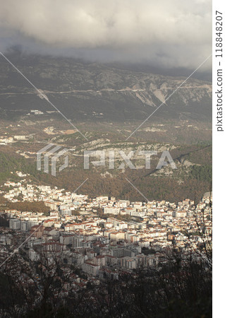 The city of Budva, taken from the height of the mountain. Banner The city of Budva, taken from the height of the mountain. Banner 118848207